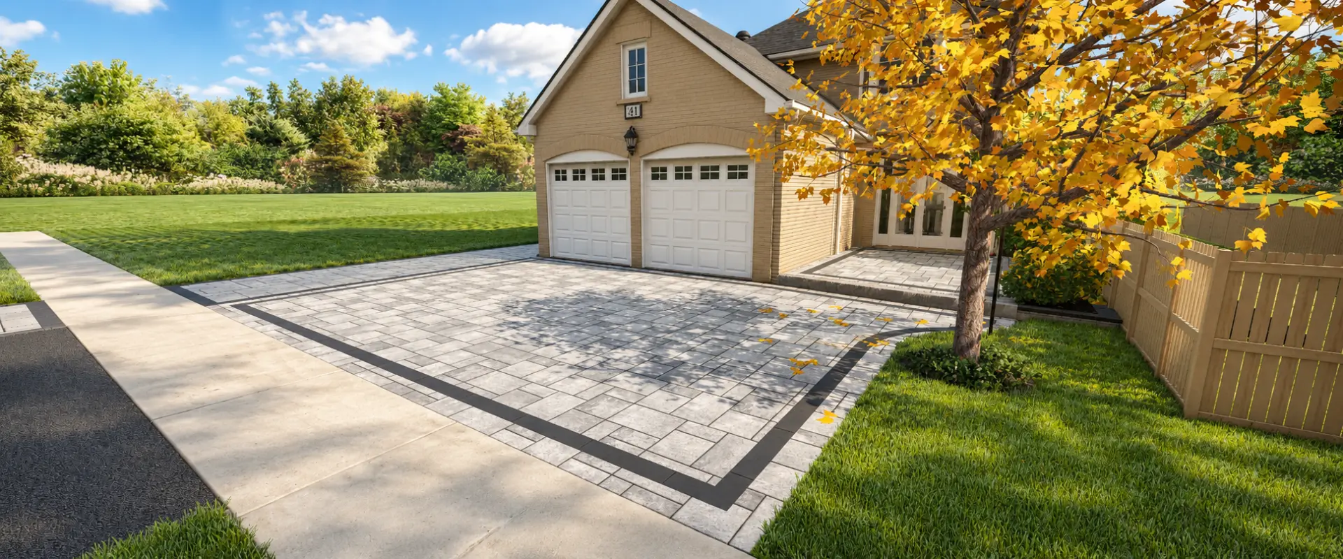 Driveway approach — garage facade with address plaque