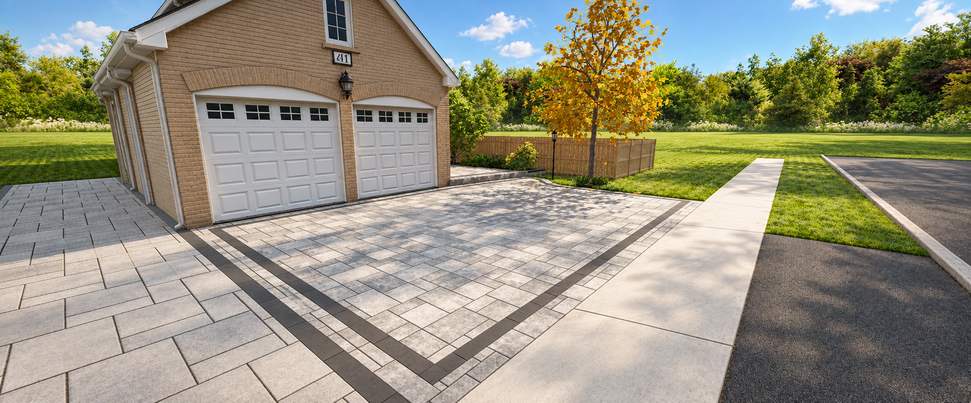 Two-car garage approach with charcoal border