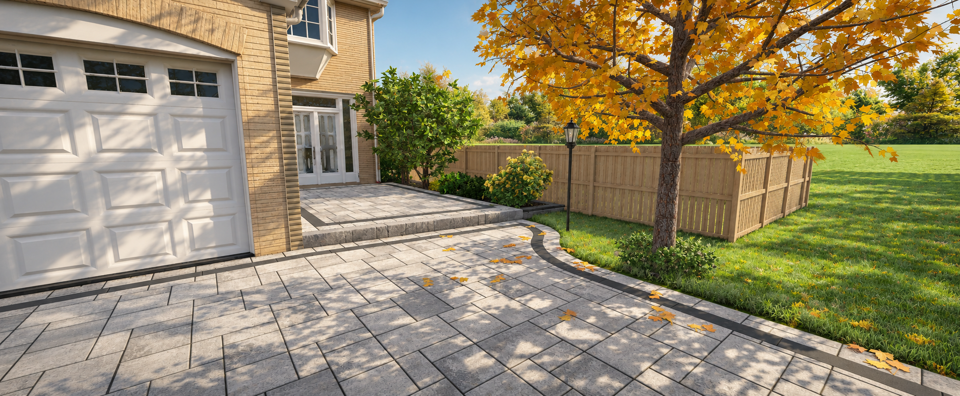 Garage view with walkway and perimeter lighting